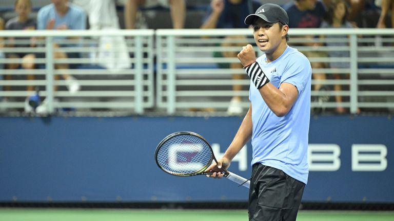 Learner Tien reacts during a junior boys' singles championship match at the 2023 US Open, Saturday, Sep. 9, 2023 in Flushing, NY. (Pete Staples/USTA via AP)