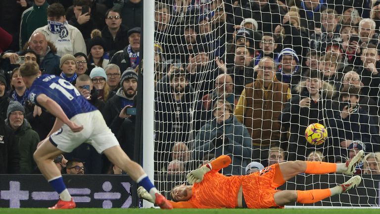 Ipswich Town's Liam Delap scores the opening goal from the penalty spot (AP Photo/Richard Pelham)