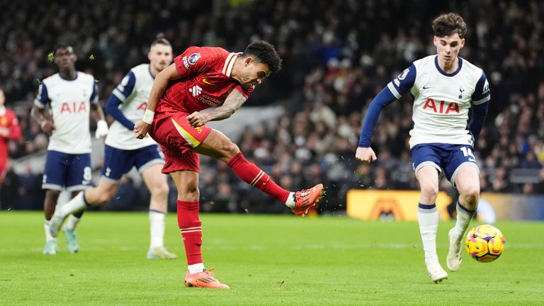 Liverpool's Luis Diaz scores their side's sixth goal of the game