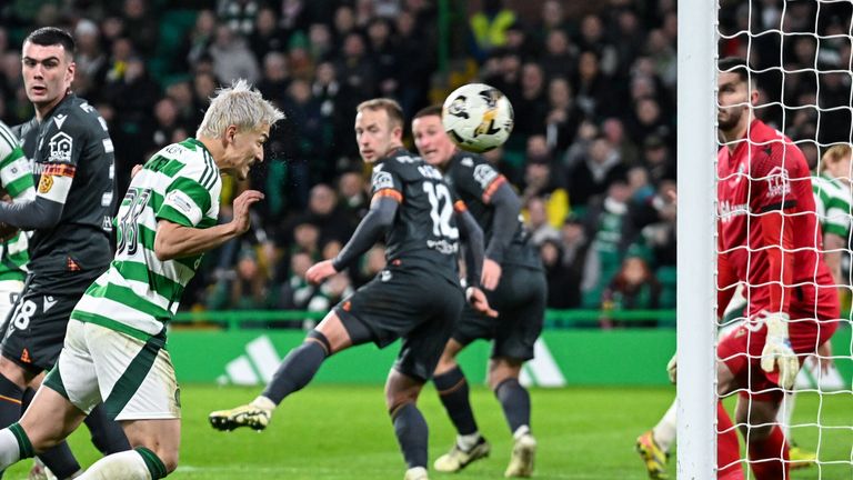 GLASGOW, SCOTLAND - DECEMBER 26: Celtic's Daizen Maeda scores to make it 2-0 during the William Hill Premiership match between Celtic and Motherwell at Celtic Park on December 26, 2024 in Glasgow, Scotland. (Photo: Rob Casey / SNS Group)