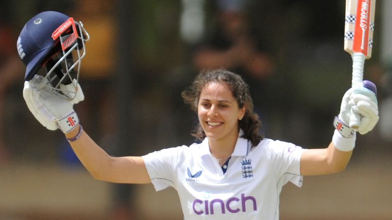 Maia Bouchier celebrates her Test century against South Africa (Getty Images)