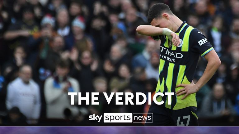 Manchester City's Phil Foden reacts after Aston Villa's Morgan Rogers scoring his side's second goal during the English Premier League soccer match between Aston Villa and Manchester City, at Villa Park in Birmingham, England, Saturday, Dec. 21, 2024. 