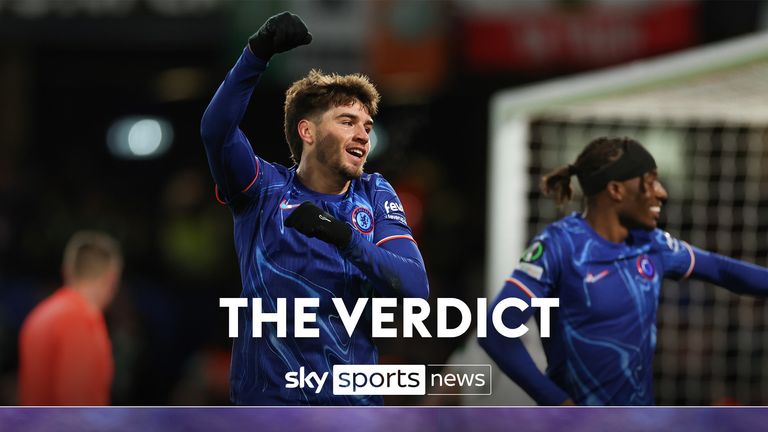 Chelsea's Marc Guyot celebrates scoring his team's opening goal during the Europa League opening stage soccer match between Chelsea and Shamrock Rovers at Stamford Bridge in London, Thursday, December 19, 2024. (AP Photo/Ian Walton)