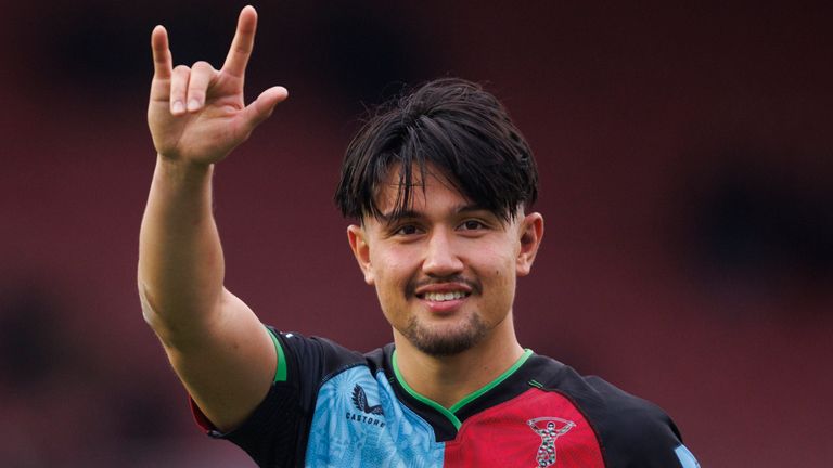 LONDON, ENGLAND - OCTOBER 13: Harlequins' Marcus Smith celebrates at the final whistle during the Gallagher Premiership Rugby match between Harlequins and Saracens at The Stoop on October 13, 2024 in London, England. (Photo by Bob Bradford - CameraSport via Getty Images)                                                                                                                               