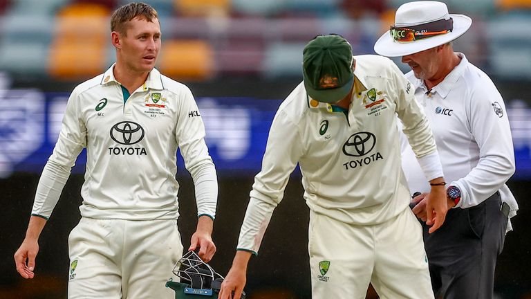 Nathan Lyon (R) takes wicket as rain halts play on day three