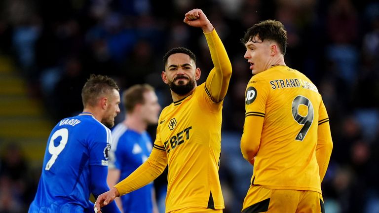 Matheus Cunha celebrates scoring Wolves' third goal