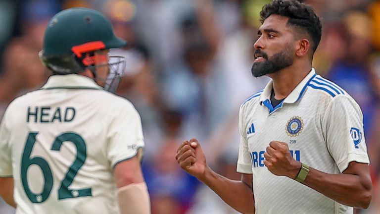 Mohammed Siraj claimed the wicket of Travis Head as their battle continued before the rain-affected third Test between Australia and India finished as a draw in Brisbane (AP Photo/Pat Hoelscher)