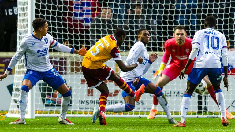 MOTHERWELL, SCOTLAND - DECEMBER 29: Motherwell...s Tawanda Maswanhise scores to make it 2-0 during a William Hill Premiership match between Motherwell and Rangers at Fir Park, on December 29, 2024, in Motherwell, Scotland. (Photo by Craig Foy / SNS Group)