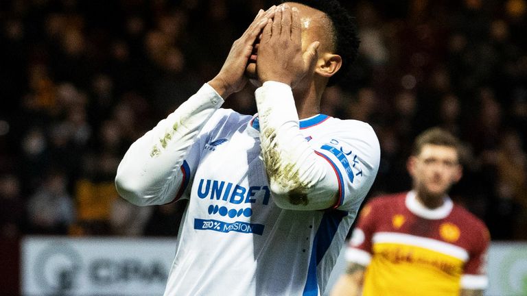 MOTHERWELL, SCOTLAND - DECEMBER 29: Rangers Oscar Cortes is dejected after after missing a first half chance during a William Hill Premiership match between Motherwell and Rangers at Fir Park, on December 29, 2024, in Motherwell, Scotland. (Photo by Alan Harvey / SNS Group)