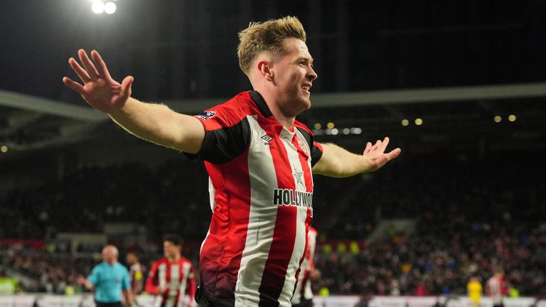 Brentford's Nathan Collins celebrates their third goal of the game