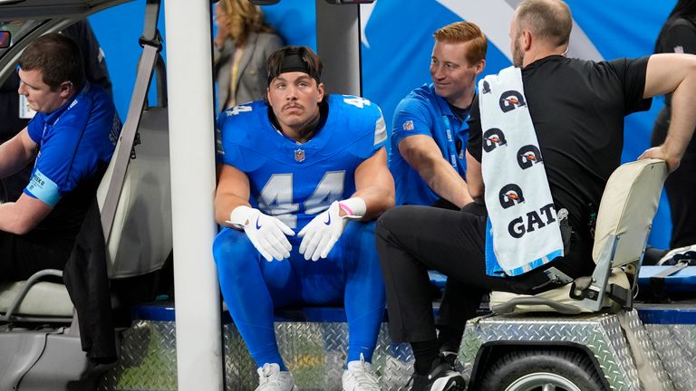 Detroit Lions linebacker Malcolm Rodriguez (44) is carted off the field after suffering a concussion during the first half of an NFL football game against the Tennessee Titans, Sunday, Oct. 27, 2024, in Detroit.