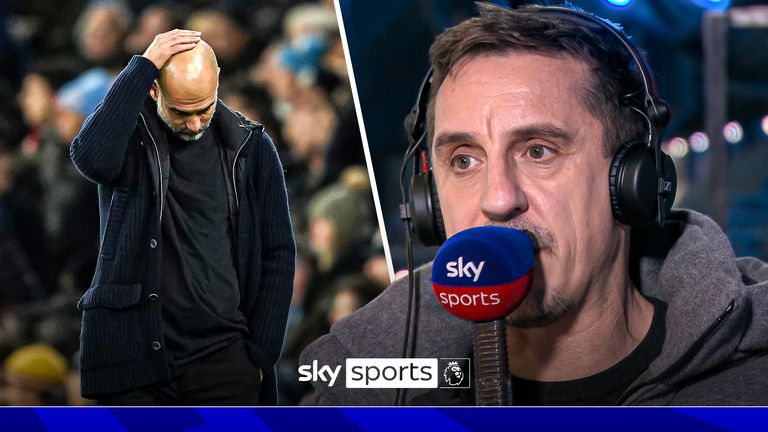 Manchester City's head coach Pep Guardiola reacts during the English Premier League soccer match between Manchester City and Manchester United