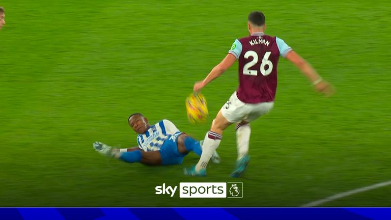 Brighton's Pervis Estupinan recieved a yellow card for this mistimed tackle on West Ham's Max Kilman lucky to avoid red?