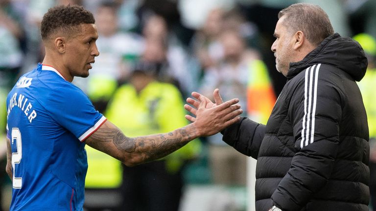 GLASGOW, SCOTLAND - APRIL 08: Rangers' James Tavernier shakes hands with Celtic manager Ange Postecoglou during a cinch Premiership match between Celtic and Rangers at Celtic Park, on April 08, 2023, in Glasgow, Scotland.  (Photo by Craig Williamson / SNS Group)