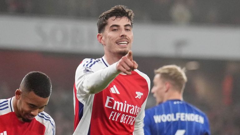 Kai Havertz celebrates after opening the scoring for Arsenal against Ipswich