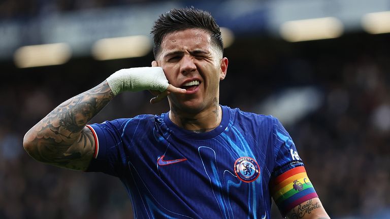 Enzo Fernandez celebrates after doubling Chelsea's lead against Aston Villa