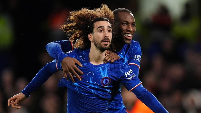 Marc Cucurella celebrates after heading Chelsea in front against Brentford