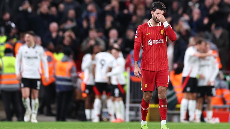 Dominik Szoboszklai reacts after Fulham retake the lead at Anfield