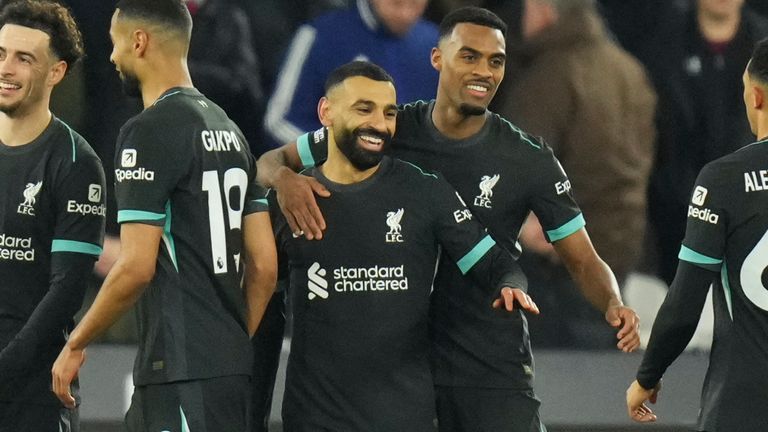 Liverpool players celebrate after Mohamed Salah puts Arne Slot's team 3-0 up at West Ham