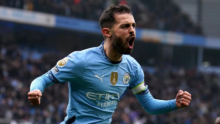 Bernardo Silva celebrates after giving Man City a first-half lead against Everton