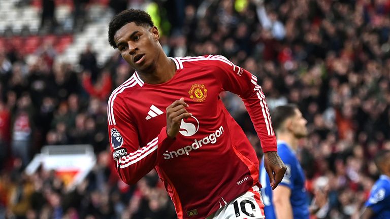 Marcus Rashford wheels away to celebrates after giving Manchester United a 3-0 advantage against Everton