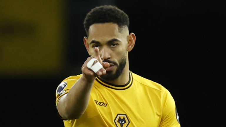 Matheus Cunha celebrates after scoring Wolves' equaliser against Ipswich