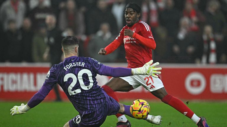 Anthony Elanga beats Fraser Forster to give Nottingham Forest the lead against Spurs