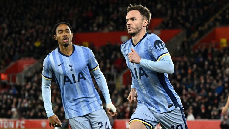 James Maddison celebrates after giving Spurs a first-minute lead at Southampton