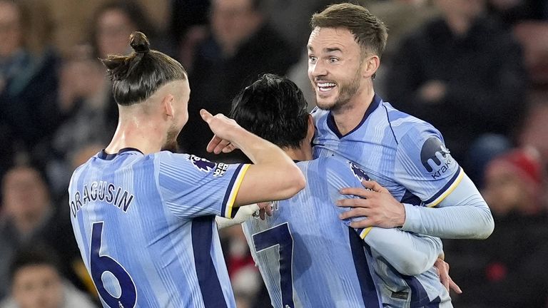 James Maddison celebrates with his team-mates after putting Spurs 5-0 up at St Mary's