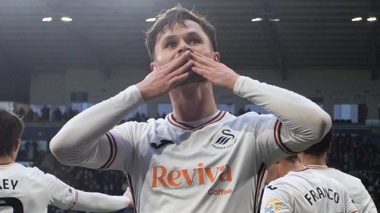 Liam Cullen celebrates after scoring in Swansea's win against QPR