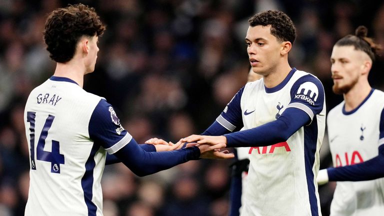 Brennan Johnson is congratulated by Archie Gray after giving Spurs a 2-1 lead against Wolves