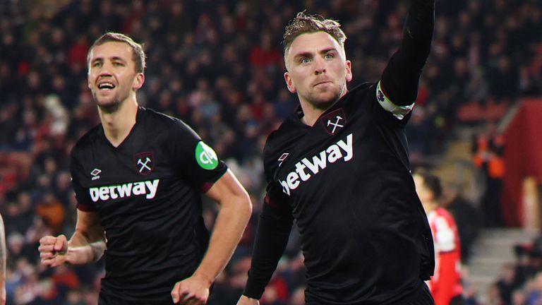 Jarrod Bowen celebrates after giving West Ham the lead at Southampton