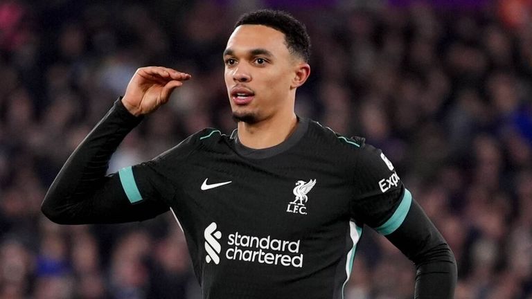 Trent Alexander-Arnold celebrates after giving Liverpool a 4-0 lead at West Ham