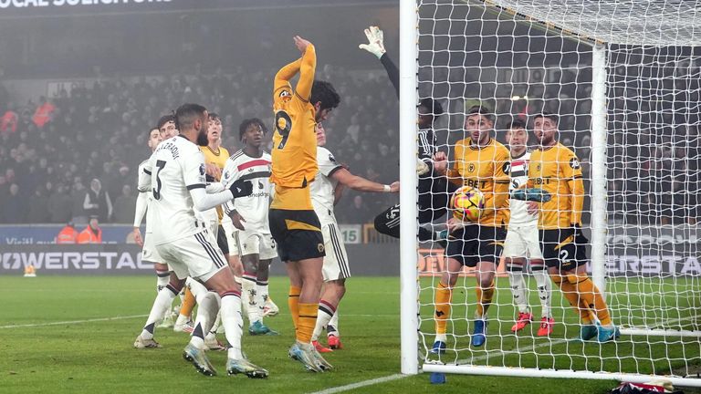 Matheus Cunha's corner evades Andre Onana to give Wolves a 1-0 lead against Manchester United