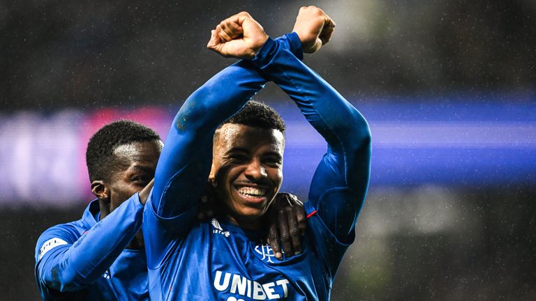 GLASGOW, SCOTLAND - DECEMBER 04: Rangers Hamza Igamane celebrates after scoring to make it 3-0 during a William Hill Premiership match between Rangers and Kilmarnock at Ibrox Stadium, on December 04, 2024, in Glasgow, Scotland. (Photo by Rob Casey / SNS Group)