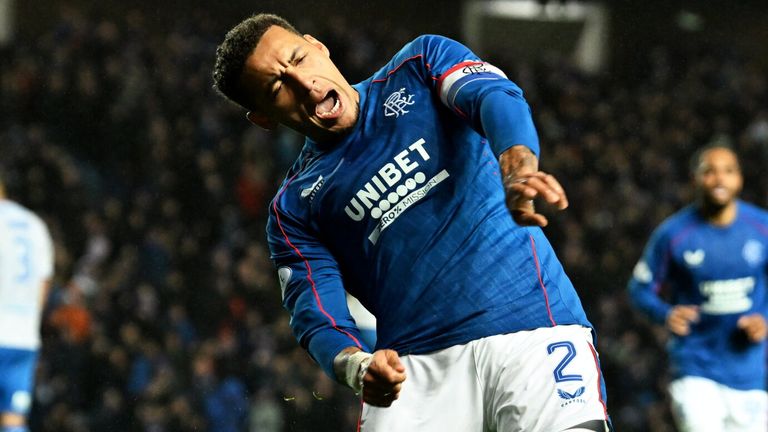 GLASGOW, SCOTLAND - DECEMBER 04: Rangers James Tavernier celebrates after scoring to make it 1-0 during a William Hill Premiership match between Rangers and Kilmarnock at Ibrox Stadium, on December 04, 2024, in Glasgow, Scotland. (Photo by Rob Casey / SNS Group)