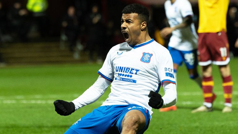 MOTHERWELL, SCOTLAND - DECEMBER 29: Rnagers Hamza Igamane celebrates after scoring to make it 2-2 during a William Hill Premiership match between Motherwell and Rangers at Fir Park, on December 29, 2024, in Motherwell, Scotland. (Photo by Craig Foy / SNS Group)