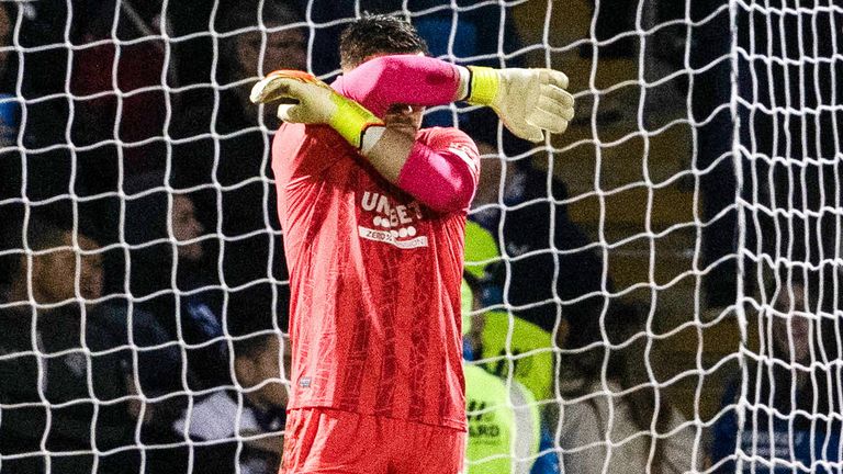 PAISLEY, SCOTLAND - DECEMBER 26: Rangers Jack Butland after conceding during a William Hill Premiership match between St Mirren and Rangers at the SMiSA Stadium, on December 26, 2024, in Paisley, Scotland. (Photo by Alan Harvey / SNS Group)