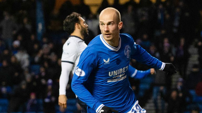 GLASGOW, SCOTLAND - DECEMBER 21: Rangers' Vaclav Cerny celebrates scoring to make it 1-0 during a William Hill Premiership match between Rangers and Dundee at Ibrox Stadium, on December 21, 2024, in Glasgow, Scotland. (Photo by Alan Harvey / SNS Group)