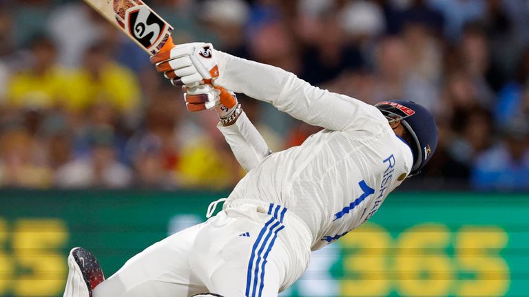 India's Rishabh Pant plays a shot during the second day of the second cricket test match between Australia and India at the Adelaide Oval in Adelaide, Australia, Saturday, December 7, 2024. (AP Photo/James Elsby)