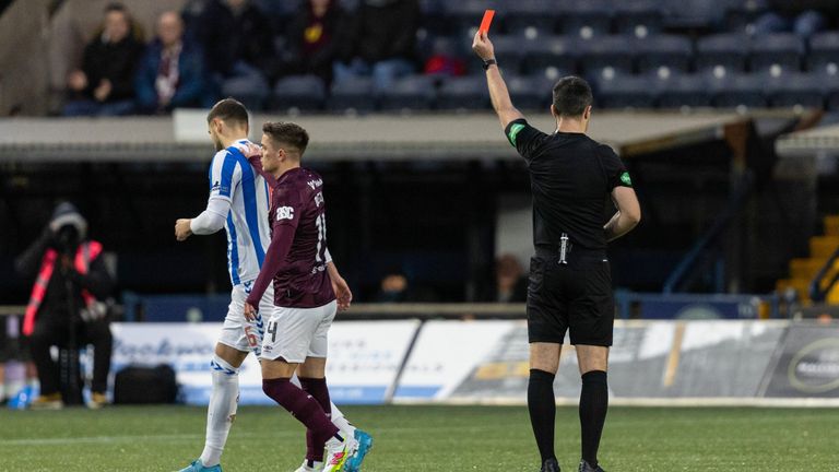  Kilmarnock's Robbie Deas is shown a straight red card