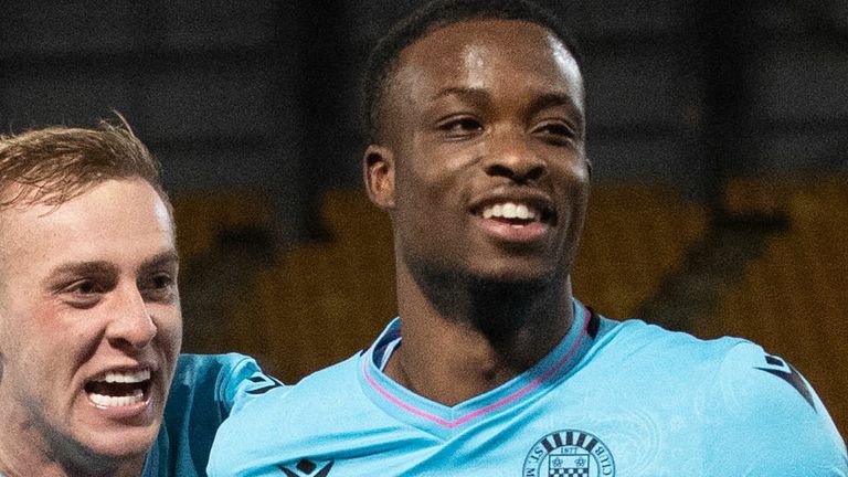 PERTH, SCOTLAND - DECEMBER 14: St Mirren's Killian Phillips and Roland Idowu celebrate at full time during a William Hill Premiership match between St. Johnstone and St. Mirren at McDiarmid Park, on December 14, 2024, in Perth, Scotland. (Photo by Alan Harvey / SNS Group)