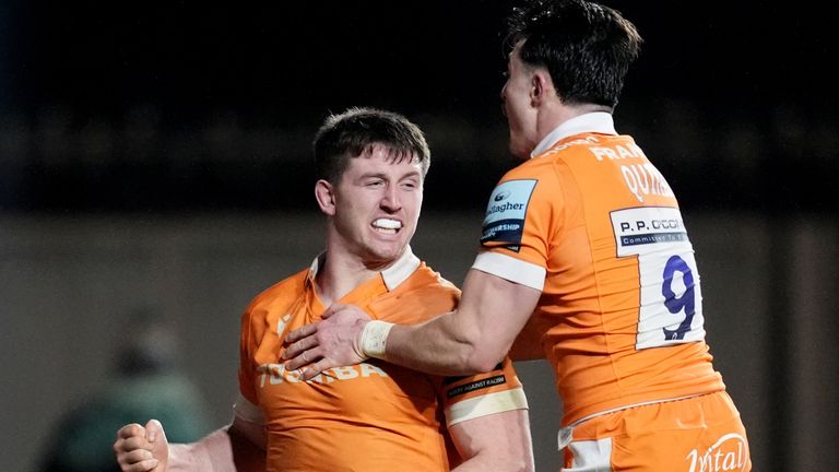 Sale Sharks' Ben Curry (left) celebrates scoring a try against Bristol Bears at Ashton Gate