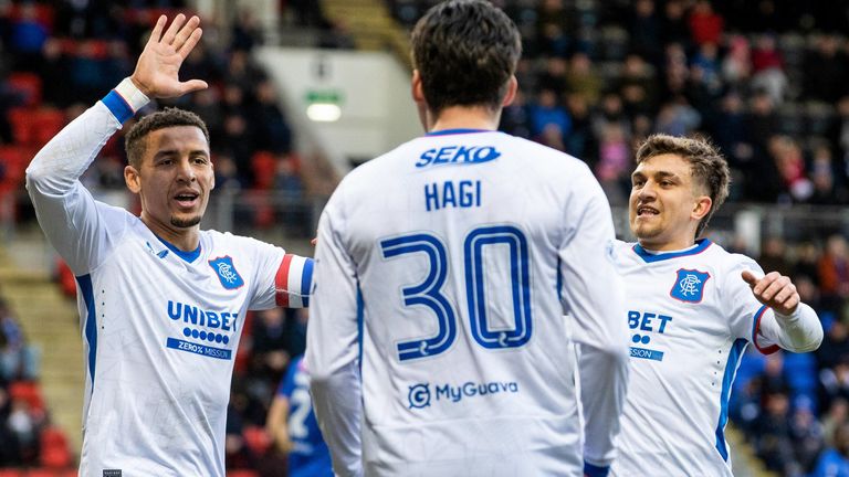 James Tavernier celebrates with Ianis Hagi and Ridvan Yilmaz after Rangers take the lead at St Johnstone through a Jason Holt own goal