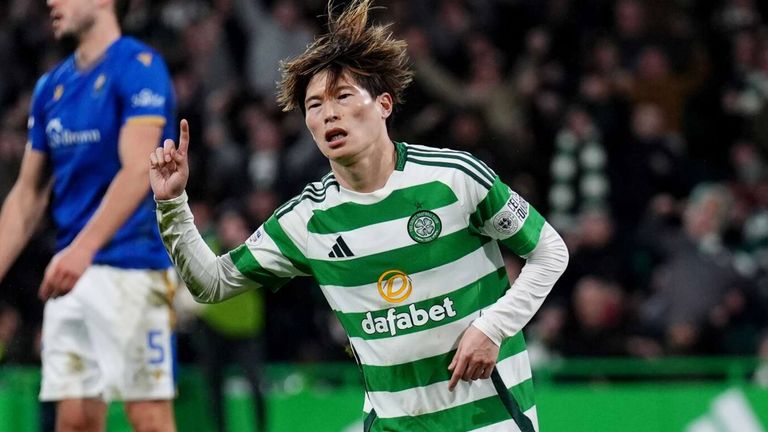 Kyogo Furuhashi celebrates after scoring Celtic's third goal against St Johnstone