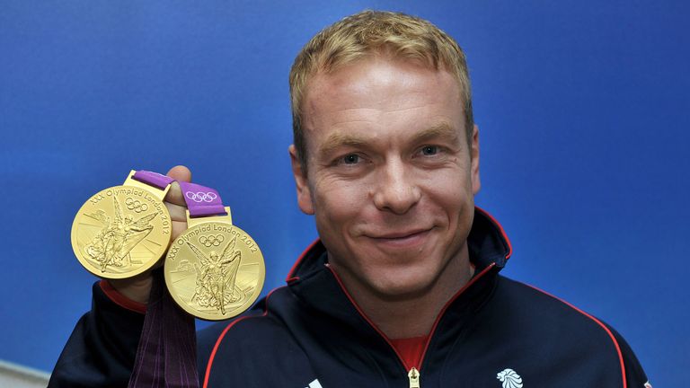 Sir Chris Hoy with his gold medals at the London 2012 Olympics