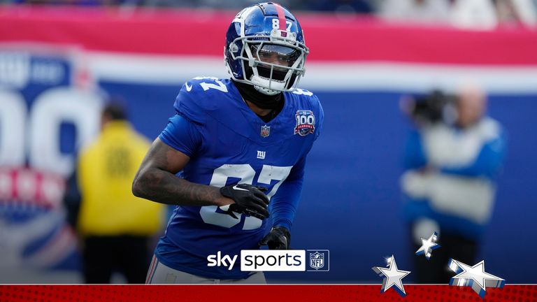 New York Giants&#39; Ihmir Smith-Marsette (87) runs to the bench after returning a kickoff for a touchdown against the Indianapolis Colts in the second half of an NFL football game Sunday, Dec. 29, 2024, in East Rutherford, N.J. (