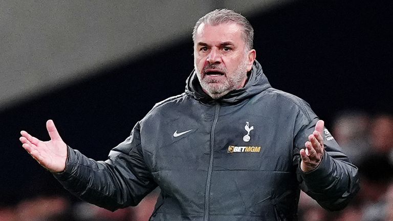 Tottenham Hotspur manager Ange Postecoglou gestures on the touchline during the Carabao Cup quarter-final against Man Utd