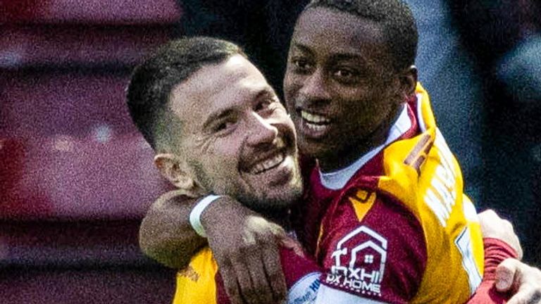 MOTHERWELL, SCOTLAND - DECEMBER 14: Motherwell's Apostolos Stamatelopoulos celebrates as he scores to make it 1-0 during a William Hill Premiership match between Motherwell and Dundee United at Fir Park, on December 14, 2024, in Motherwell, Scotland. (Photo by Craig Foy / SNS Group)