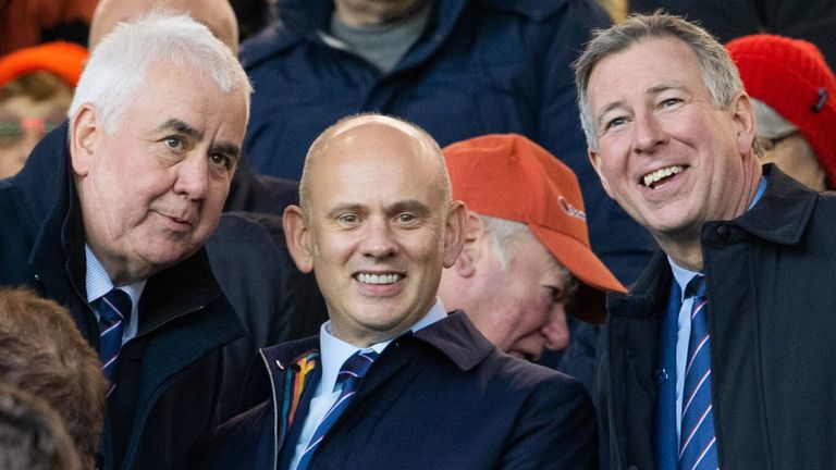 New Rangers CEO Patrick Stewart (C) and chairman Fraser Thornton (R) took over at Ibrox on December 16